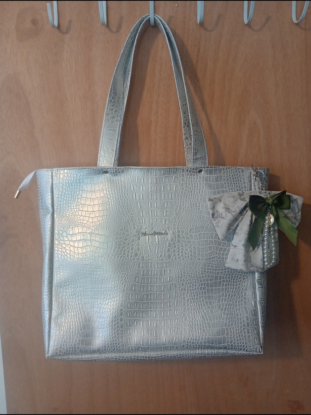 Metallic Silver Croc-Embossed Laptop Bag/Tote with Bow and Pearl Keychain Charm
